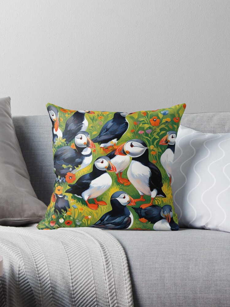 Thumbnail 1 of 4, Pillow, PUFFINS designed and sold by PIGCASSOSAIART.