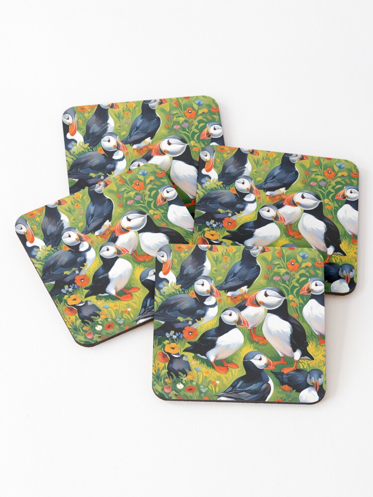 Thumbnail 1 of 5, Coasters (Set of 4), PUFFINS  designed and sold by PIGCASSOSAIART.