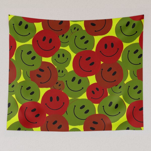 Item preview, Red and Green Smiley Faces - Hand-drawn in a Repeating Pattern on a Yellow Background designed and sold by Victoria Rose.