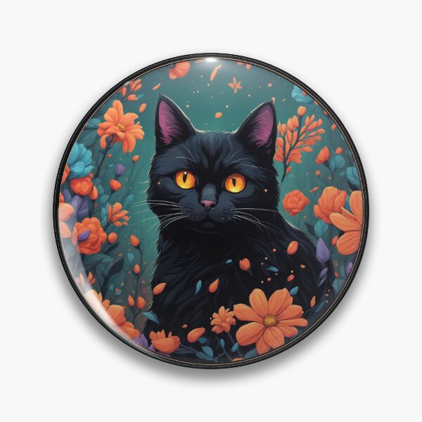 Artikelvorschau, Schwarze Katze und orangefarbene Blumen entworfen und verkauft von A-Wood-.