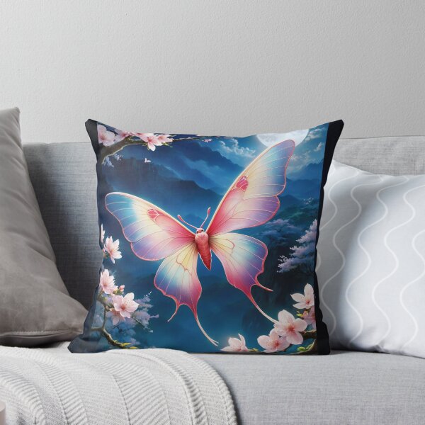 Artikelvorschau, Eine chinesische Mondmotte fliegt inmitten der Kirschblüten bei Vollmond. Faszinierende KI-Konzeptkunst von Xzendor7 entworfen und verkauft von Xzendor7 Digital Art Creations.