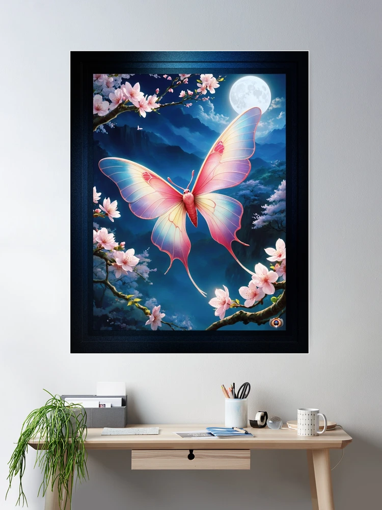 A Chinese Moon Moth Flying Amidst The Cherry Blossoms Under A Full Moon Mesmerizing AI Concept Art by Xzendor7 Room Decor Poster Art Print