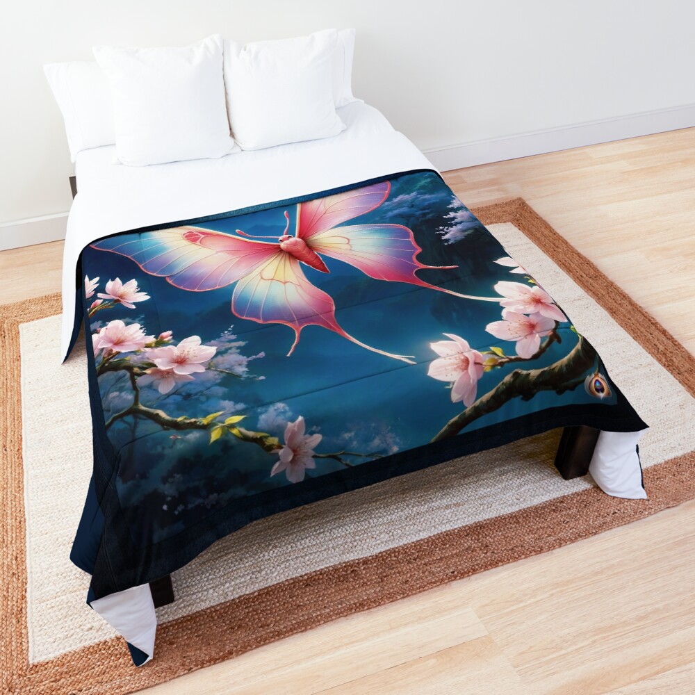 A Chinese Moon Moth Flying Amidst The Cherry Blossoms Under A Full Moon Mesmerizing AI Concept Art by Xzendor7 Decorative Comforter