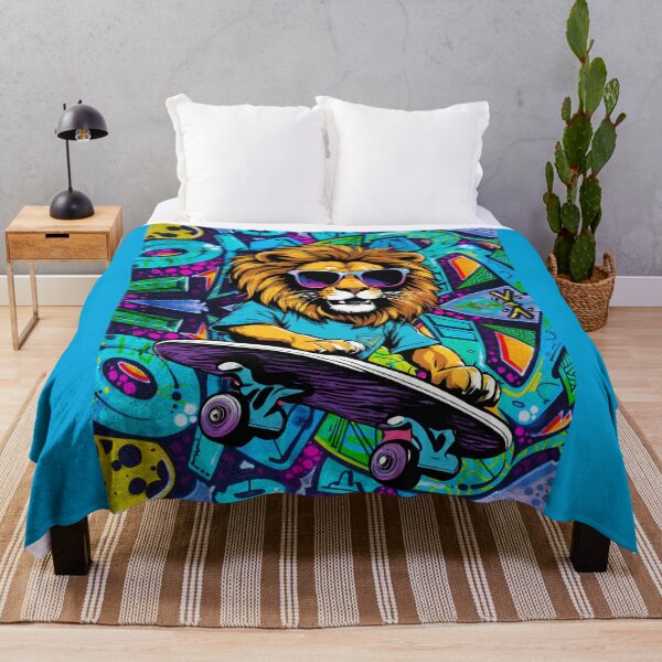 Item preview, Cool vibrant lion skateboarder, graffiti background designed and sold by coloursforkids.