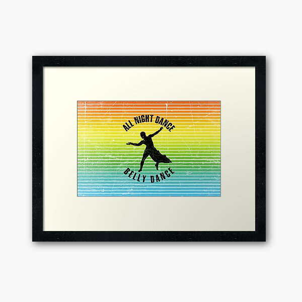 Vista previa del artículo con la obra «Silueta negra de un hombre bailando danza del vientre sobre un fondo de rayas coloridas», diseñado y vendido por HarridanCreates.