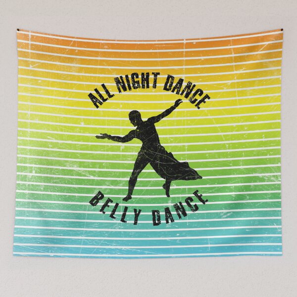 Item preview, Black silhouette of a man dancing belly dance against a background of colorful stripes designed and sold by HarridanCreates.