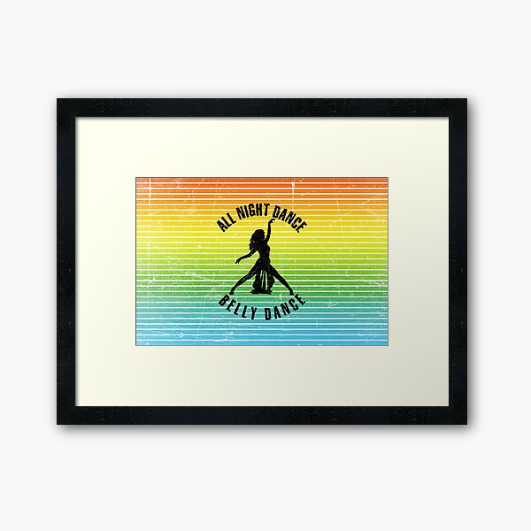 Vista previa del artículo con la obra «Silueta negra de una mujer bailando vientre dsnce sobre un fondo de rayas de colores», diseñado y vendido por HarridanCreates.