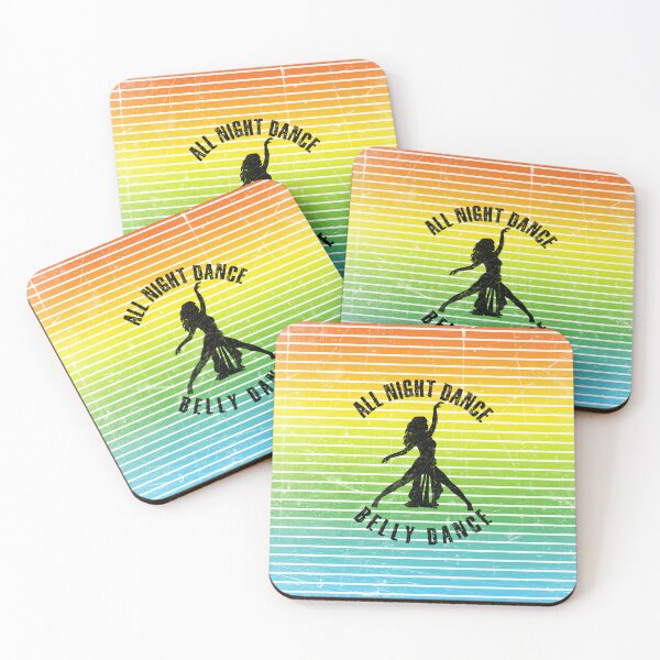 Item preview, Black silhouette of a woman dancing belly dsnce against a background of colorful stripes designed and sold by HarridanCreates.