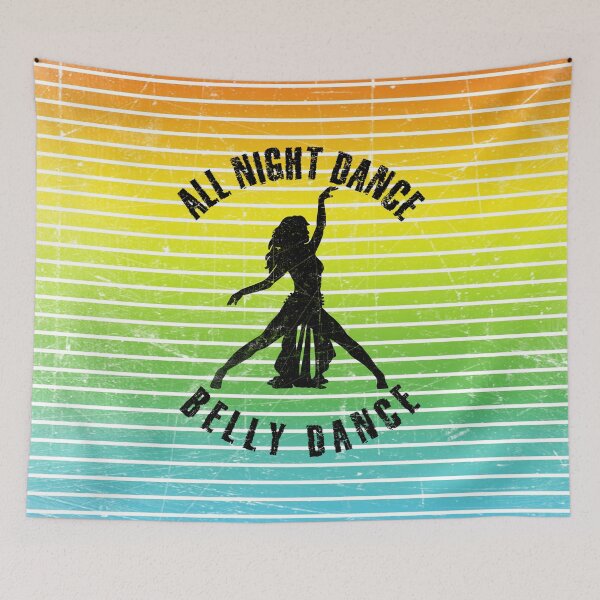 Item preview, Black silhouette of a woman dancing belly dsnce against a background of colorful stripes designed and sold by HarridanCreates.