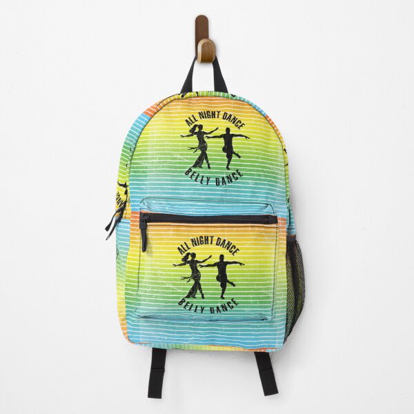 Item preview, Black silhouette of a couple dancing belly dance against a background of colorful stripes designed and sold by HarridanCreates.