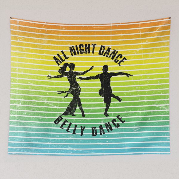 Item preview, Black silhouette of a couple dancing belly dance against a background of colorful stripes designed and sold by HarridanCreates.