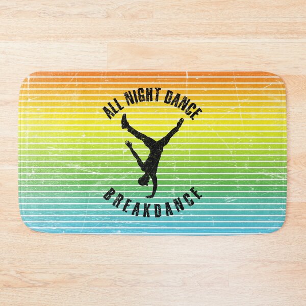 Item preview, Black silhouette of a man dancing breakdance against a background of colorful stripes designed and sold by HarridanCreates.