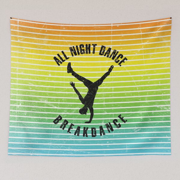 Item preview, Black silhouette of a man dancing breakdance against a background of colorful stripes designed and sold by HarridanCreates.