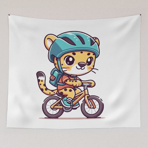 Artikelvorschau, Kawaii-Gepard trägt einen Helm und einen Rucksack und fährt Fahrrad entworfen und verkauft von CanvasCutie.