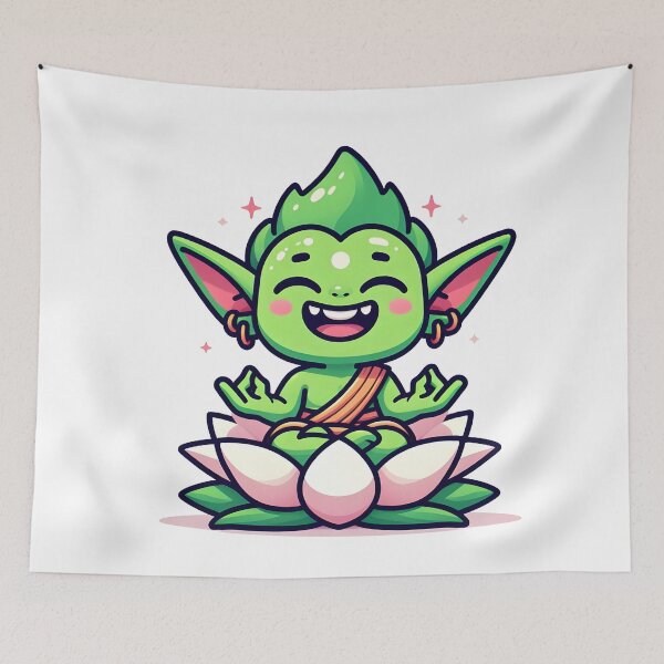 Item preview, Kawaii Grinning Goblin With Sitting On A Lotus Flower designed and sold by CanvasCutie.