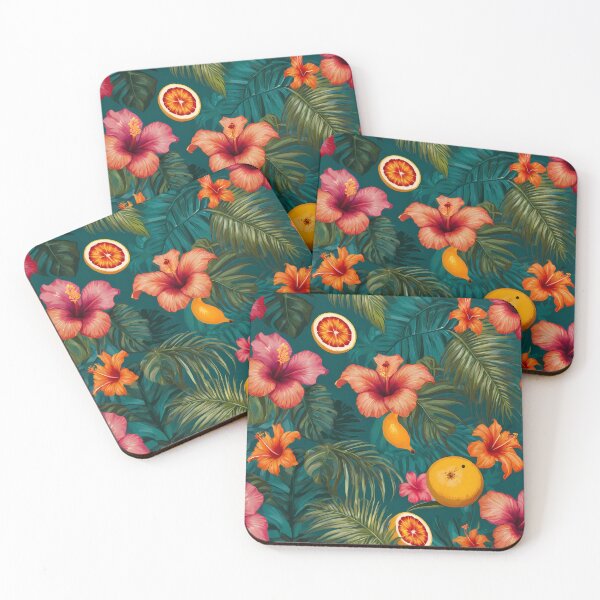 Item preview, inspired pattern featuring palm leaves, hibiscus flowers, and tropical fruits. designed and sold by brokenpones.
