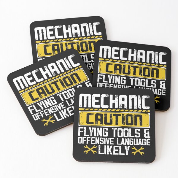 Item preview, Funny Mechanic Caution, flying tools and offensive language likely designed and sold by Margival.