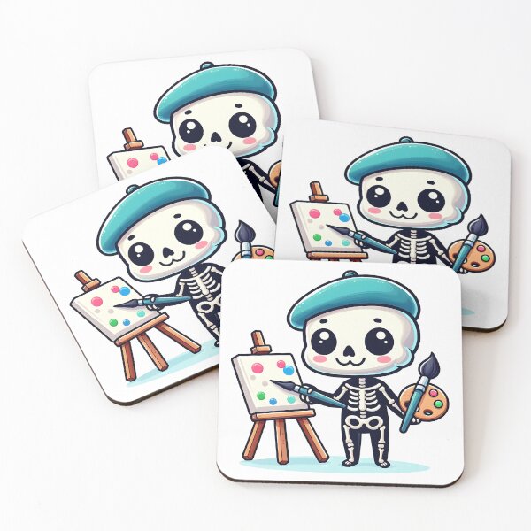 Item preview, Kawaii Silly Skeleton With Beret And Artist Palette Painting On An Easel designed and sold by CanvasCutie.