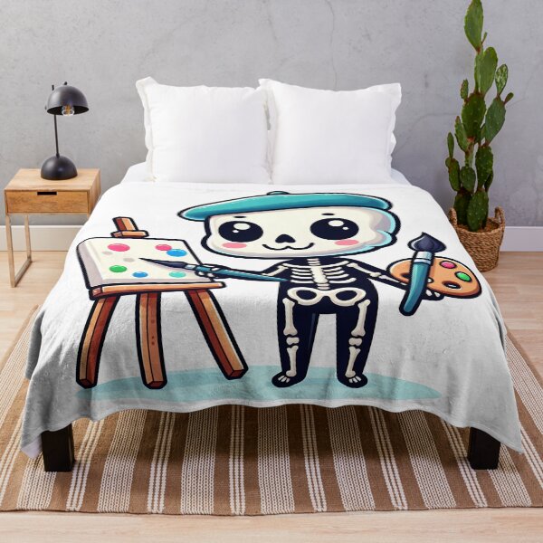 Item preview, Kawaii Silly Skeleton With Beret And Artist Palette Painting On An Easel designed and sold by CanvasCutie.