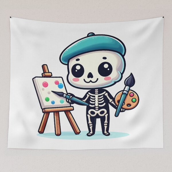 Item preview, Kawaii Silly Skeleton With Beret And Artist Palette Painting On An Easel designed and sold by CanvasCutie.