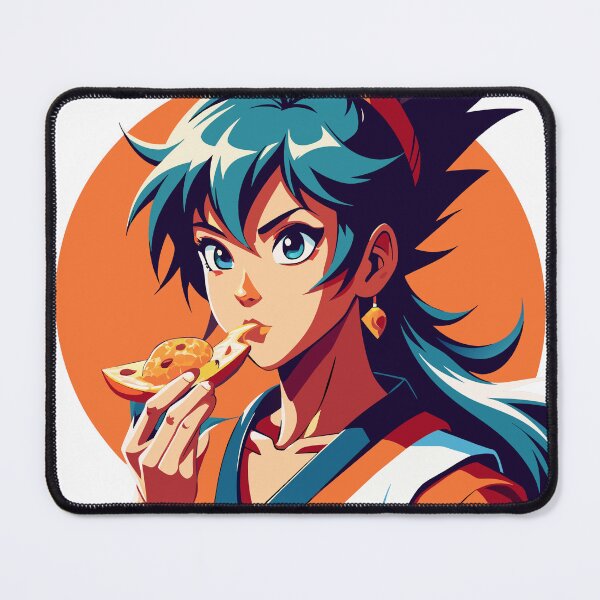 Item preview, Anime-Inspired Martial Arts Beauty: Fiery Blue Hair, Pizza Bite, and Dynamic Art Style designed and sold by Rosa Elena Albornoz Mendez.