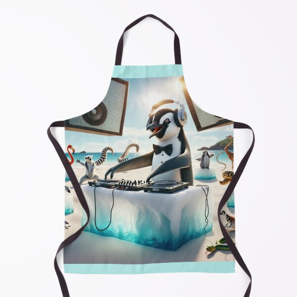 Item preview, Penguin in a tuxedo with a bow tie stands behind an improvised DJ designed and sold by AndreaMart.