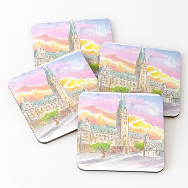 Item preview, Hamburg Germany City Hall Sunset Watercolor Scene designed and sold by artshop77.