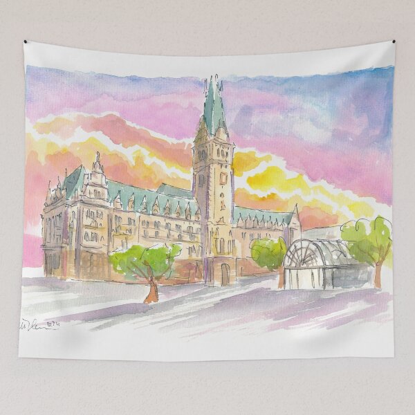 Item preview, Hamburg Germany City Hall Sunset Watercolor Scene designed and sold by artshop77.
