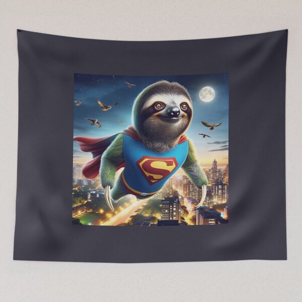 Item preview, Sloth with striking, alert eyes, wearing a colorful superhero costume with a large "S" on its chest designed and sold by AndreaMart.