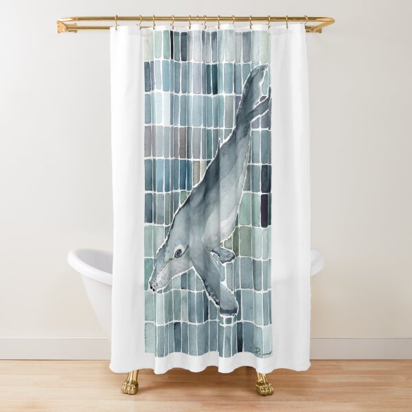 Watercolor Whale Funny Cat Fishing Ocean Shower Curtain Bathroom