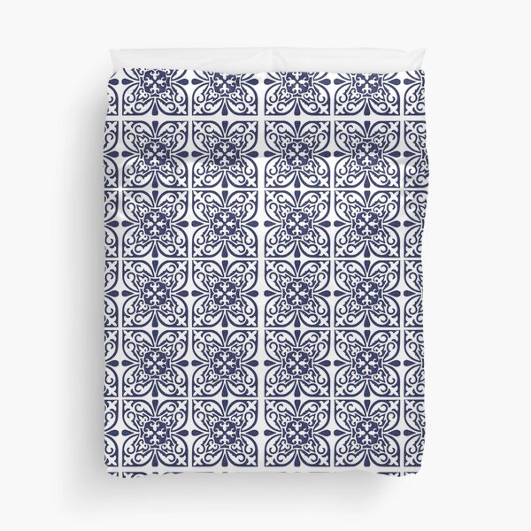 Indigo Navy Blue White Moroccan Trellis Lattice Pattern Duvet Cover