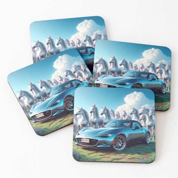 Item preview, AI generated fantasy Mazda MX-5 with Unicorns designed and sold by MartinPhotos.