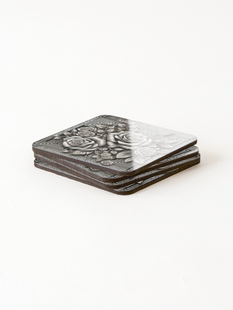 Thumbnail 4 of 5, Coasters (Set of 4), Silver Greek Key Roses designed and sold by DesignsByPrnces.