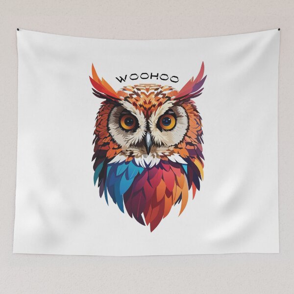 Artikelvorschau, Bunte Eule mit Woohoo-Wort auf dem Kopf entworfen und verkauft von activlifewear.