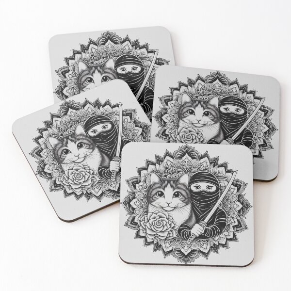 Item preview, ninja cat mandala with black and white geometric patterns designed and sold by Anime9122.