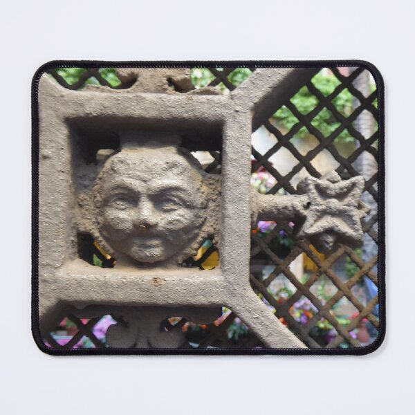 Item preview, Cool Face on Metal Gate Surrounding Courtyard with Flowers designed and sold by Miranda the Artist.