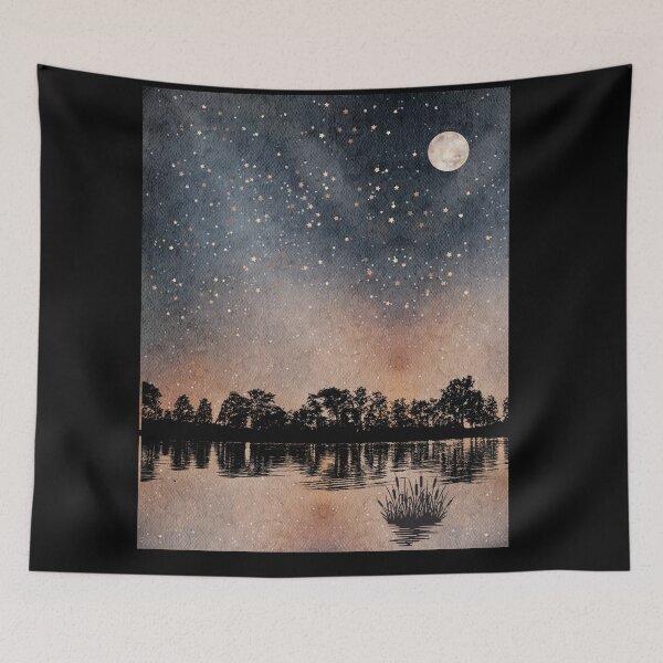 Item preview, Lake side reflection with tree silleoutte against a Spring Night Sky landscape with radiant  radiant moon in night Landscape with Constellations v.10 designed and sold by CosmicNook1.