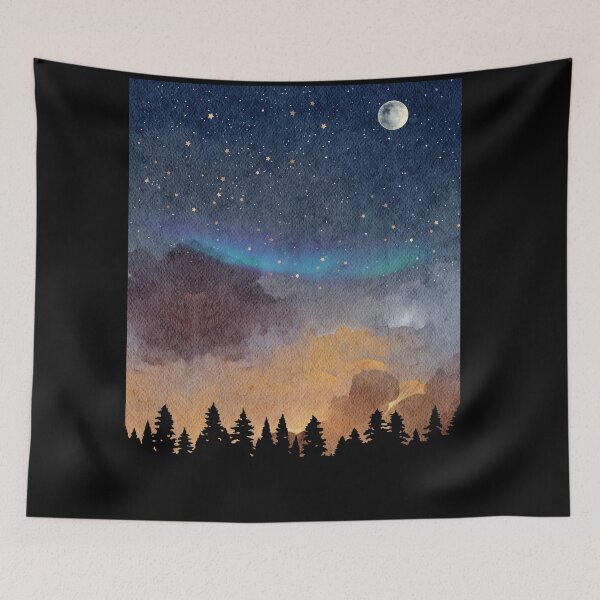 Item preview, Trees silleoutte against a Spring Night Sky landscape with radiant   moon in night Landscape with Constellations and Aroras v.11 designed and sold by CosmicNook1.