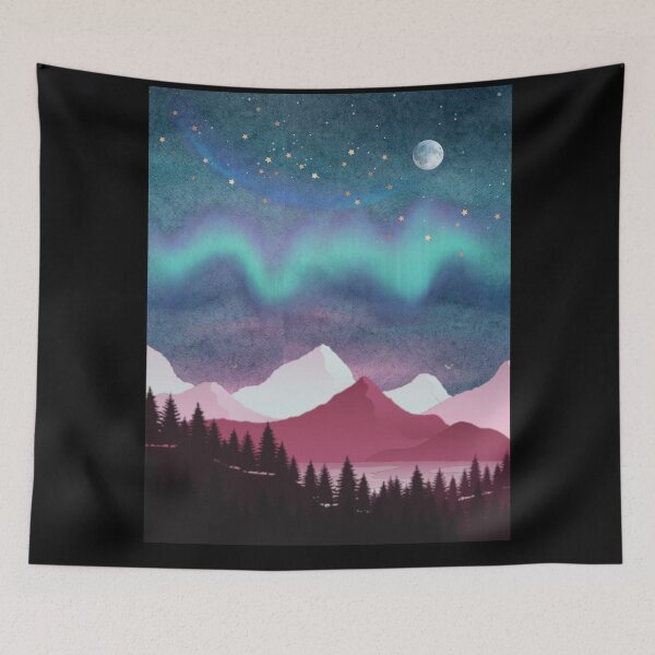 Item preview, Trees silleoutte against a pink Spring Night Sky landscape with radiant   moon in night Landscape with Constellations and Aroras v.12--camping theme designed and sold by CosmicNook1.