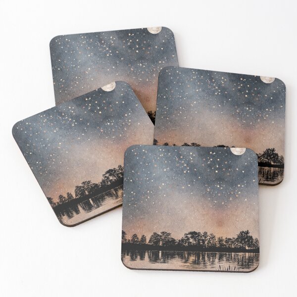 Item preview, Lake side reflection with tree silleoutte against a Spring Night Sky landscape with radiant  radiant moon in night Landscape with Constellations v.10 designed and sold by CosmicNook1.