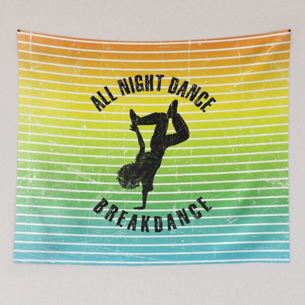 Item preview, Black silhouette of a woman dancing breakdance against a background of colorful stripes designed and sold by HarridanCreates.