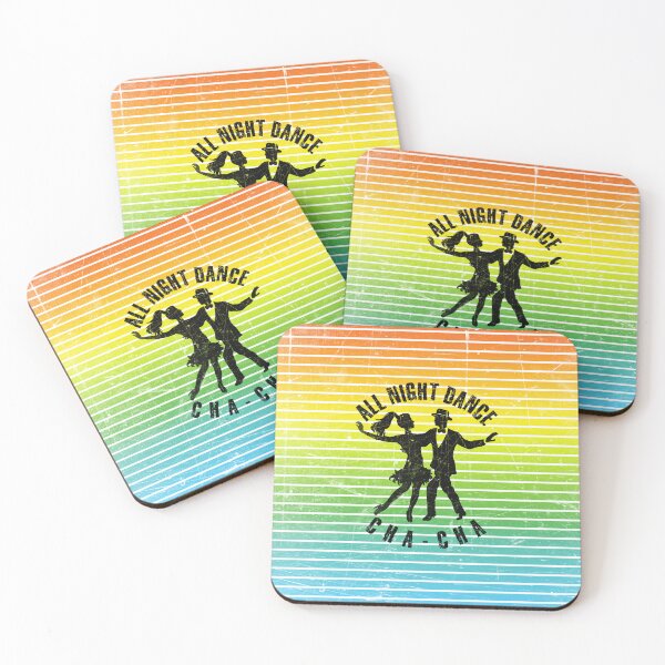 Item preview, Black silhouette of a couple dancing cha-cha against a background of colorful stripes designed and sold by HarridanCreates.