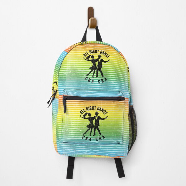 Item preview, Black silhouette of a couple dancing cha-cha against a background of colorful stripes designed and sold by HarridanCreates.