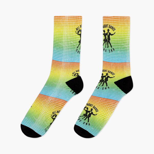 Item preview, Black silhouette of a couple dancing cha-cha against a background of colorful stripes designed and sold by HarridanCreates.