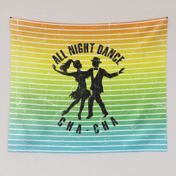 Item preview, Black silhouette of a couple dancing cha-cha against a background of colorful stripes designed and sold by HarridanCreates.
