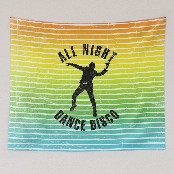 Item preview, Black silhouette of a man dancing disco against a background of colorful stripes designed and sold by HarridanCreates.