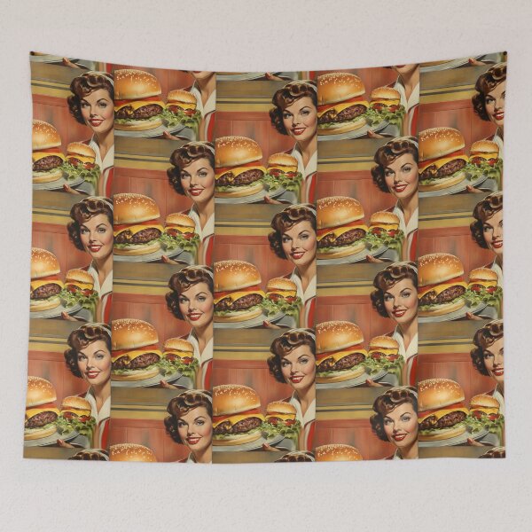 Item preview, 1950s style burger food poster pinup sign vintage classic design designed and sold by Vintage Designs +.
