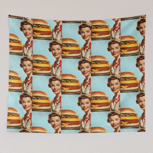 Item preview, 1950s style burger food poster pinup sign vintage classic design designed and sold by Vintage Designs +.
