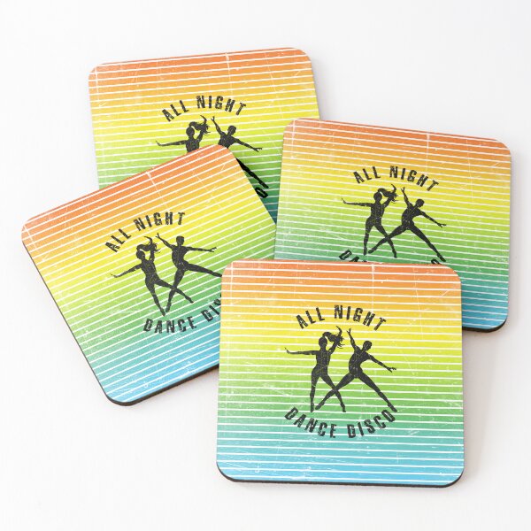 Item preview, Black silhouette of a couple dancing disco against a background of colorful stripes designed and sold by HarridanCreates.