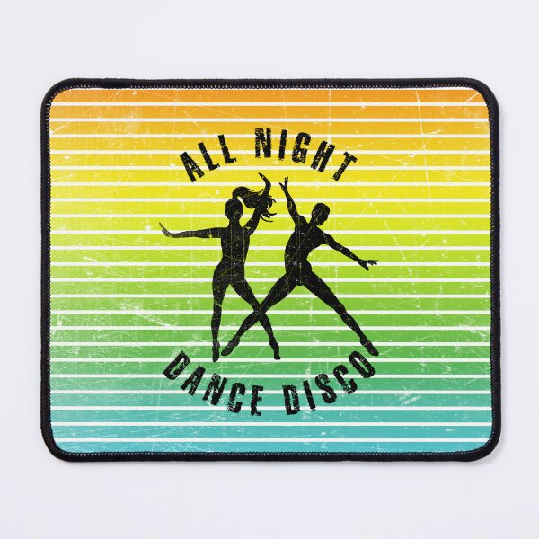 Item preview, Black silhouette of a couple dancing disco against a background of colorful stripes designed and sold by HarridanCreates.